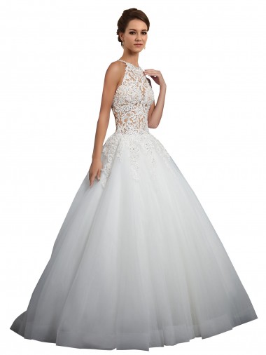 Online Avorio Abito da ballo Alto Collo Tulle Pizzo Abiti da sposa