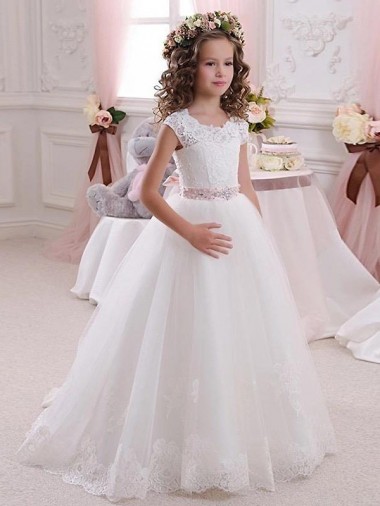 Online Avorio Abito da ballo Alto Collo Tulle Pizzo Lunga Abiti da ragazza di fiori