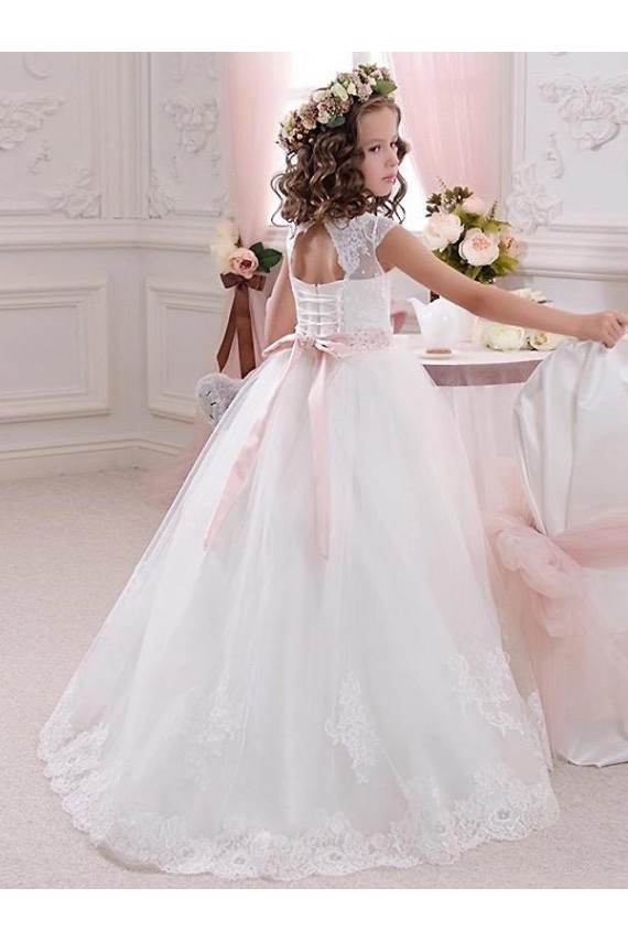 Online Avorio Abito da ballo Alto Collo Tulle Pizzo Lunga Abiti da ragazza di fiori