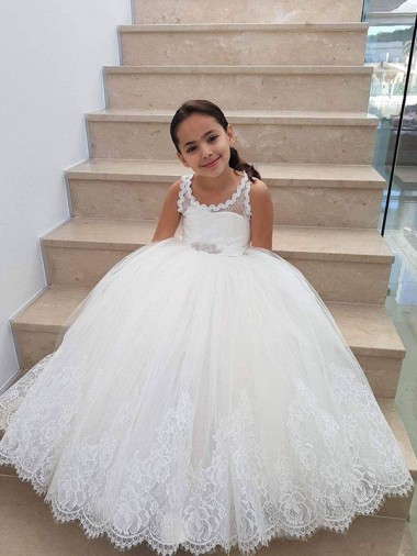Online Avorio Abito da ballo Alto Collo Tulle Pizzo Lunga Abiti da ragazza di fiori