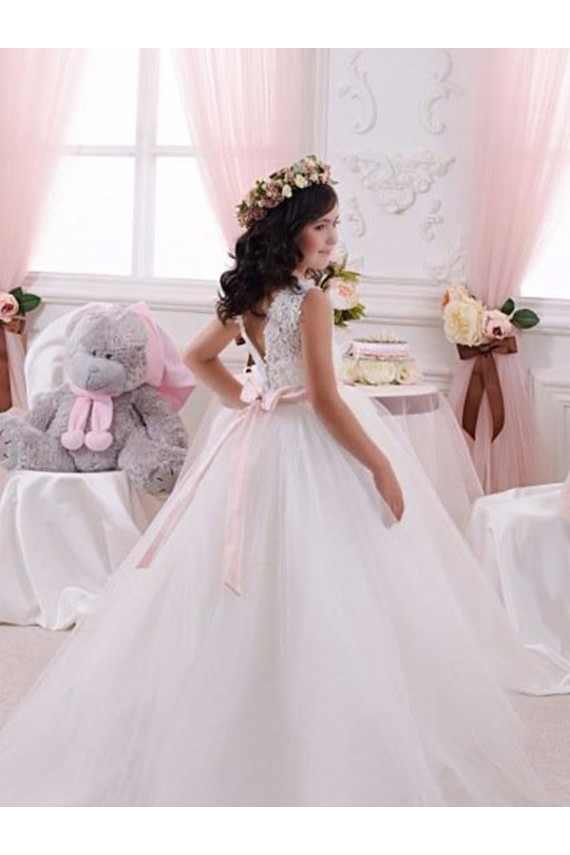 Online Avorio Abito da ballo Barca Tulle Pizzo Lunga Abiti da ragazza di fiori