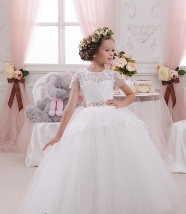 Online Avorio Abito da ballo Innamorato Tulle Pizzo Lunga Abiti da ragazza di fiori