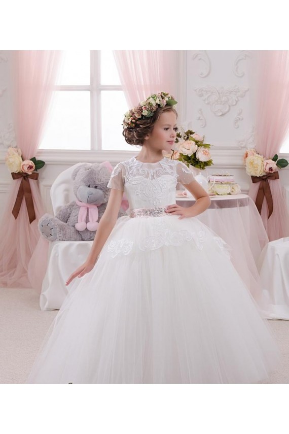 Online Avorio Abito da ballo Innamorato Tulle Pizzo Lunga Abiti da ragazza di fiori