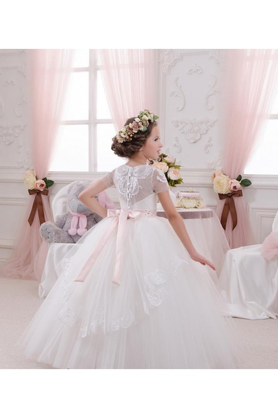 Online Avorio Abito da ballo Innamorato Tulle Pizzo Lunga Abiti da ragazza di fiori