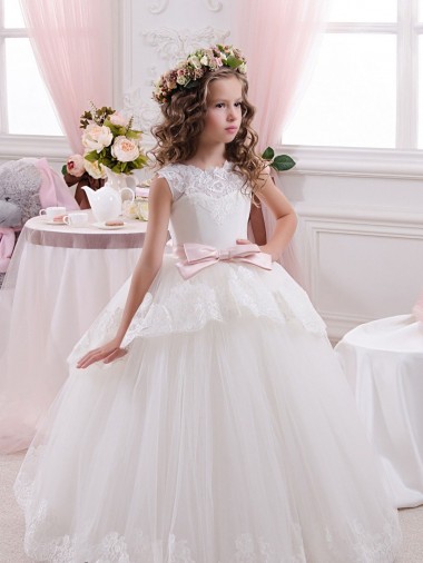 Online Avorio Abito da ballo Innamorato Tulle Pizzo Lunga Abiti da ragazza di fiori