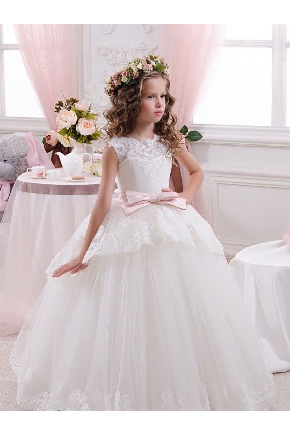 Online Avorio Abito da ballo Innamorato Tulle Pizzo Lunga Abiti da ragazza di fiori