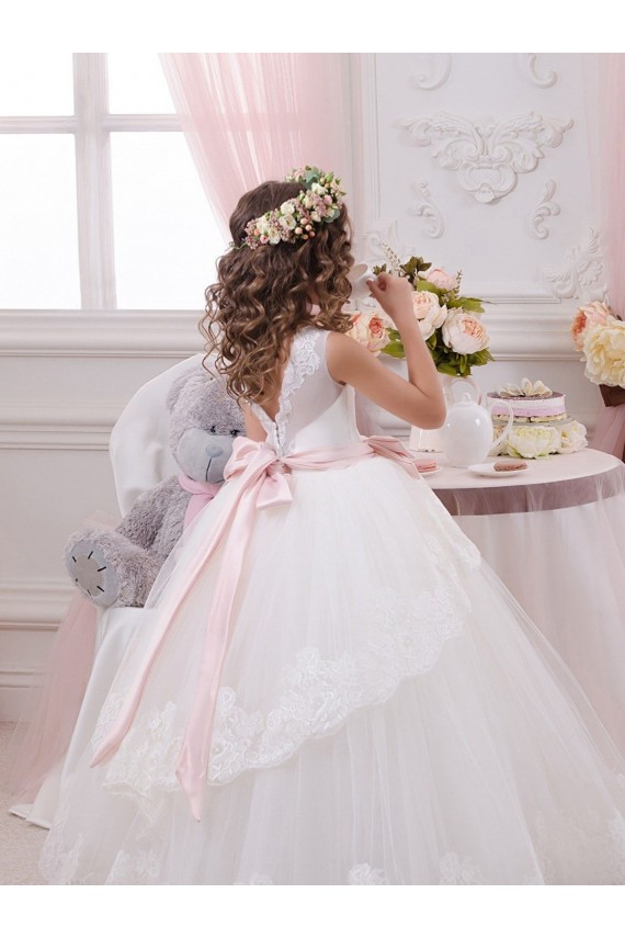 Online Avorio Abito da ballo Innamorato Tulle Pizzo Lunga Abiti da ragazza di fiori