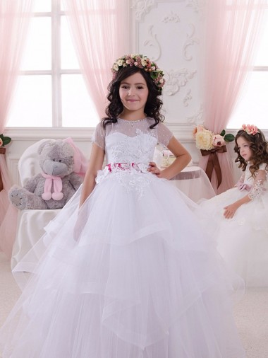 Online Avorio Abito da ballo Innamorato Tulle Pizzo Lunga Abiti da ragazza di fiori