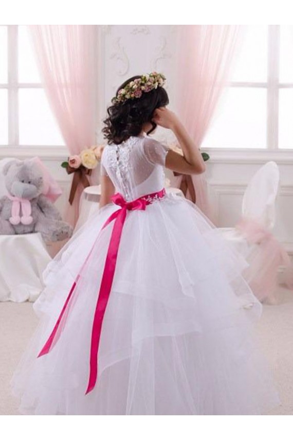 Online Avorio Abito da ballo Innamorato Tulle Pizzo Lunga Abiti da ragazza di fiori