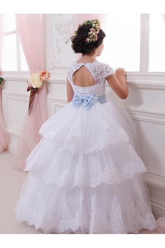 Online Avorio Abito da ballo Innamorato Tulle Pizzo Lunga Abiti da ragazza di fiori