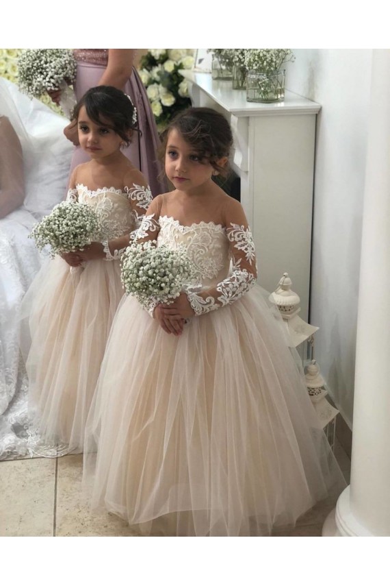 Online Avorio Abito da ballo Innamorato Tulle Pizzo Lunga Abiti da ragazza di fiori