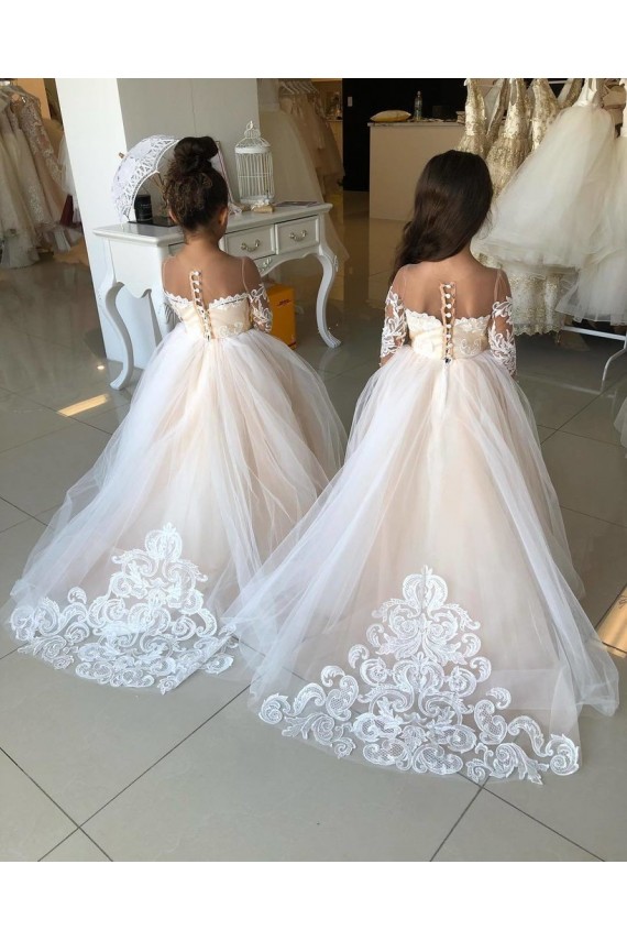 Online Avorio Abito da ballo Innamorato Tulle Pizzo Lunga Abiti da ragazza di fiori