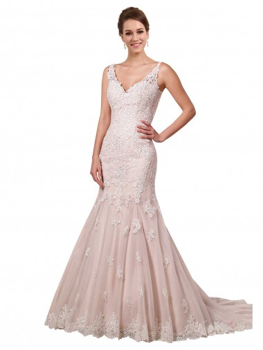Online Avorio & Blush Stile sirena Scollatura a V Tulle Pizzo Abiti da sposa