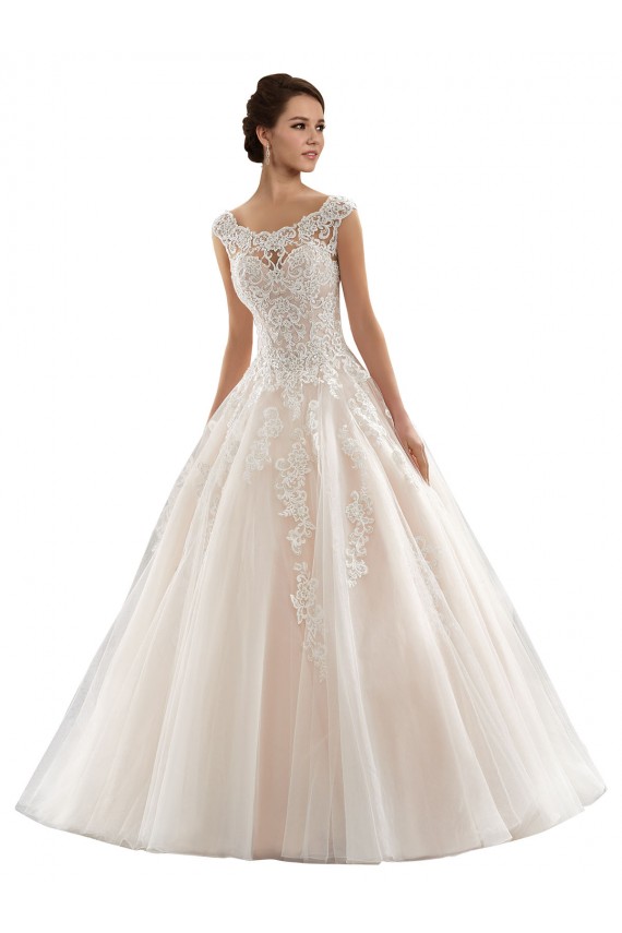 Online Avorio & Champagne Abito da ballo Barca Tulle Pizzo Abiti da sposa