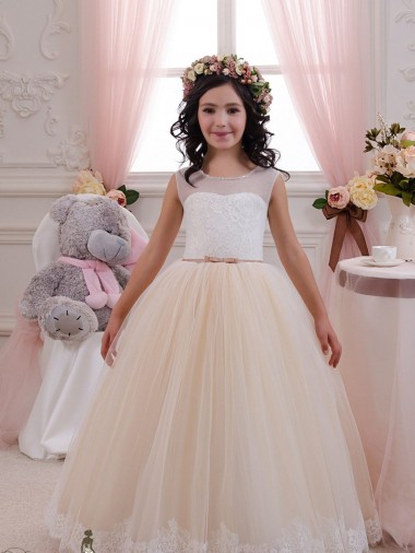 Online Avorio & Champagne Abito da ballo Innamorato Tulle Pizzo Lunga Abiti da ragazza di fiori