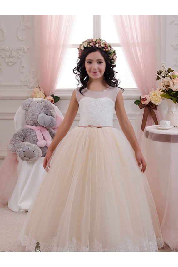 Online Avorio & Champagne Abito da ballo Innamorato Tulle Pizzo Lunga Abiti da ragazza di fiori