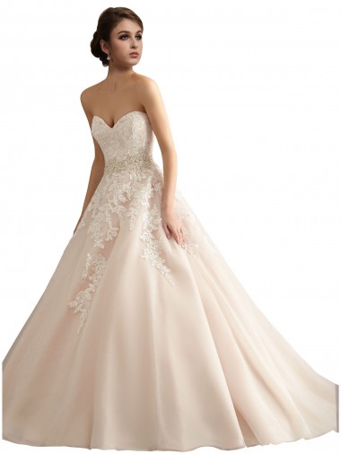 Online Avorio & Champagne Abito da ballo Scollatura a V Cattedrale di treno Tulle Pizzo Abiti da sposa