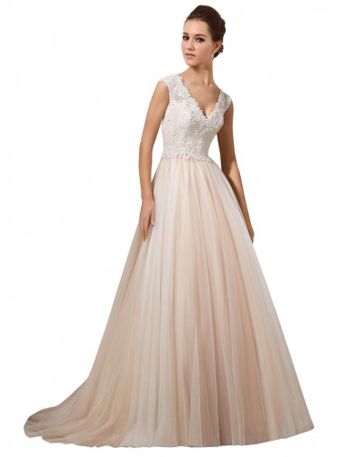 Online Avorio & Champagne Linea A Scollatura a V Tulle Pizzo Abiti da sposa