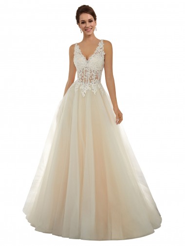 Online Avorio & Champagne Linea A Scollatura a V Tulle Pizzo Classico Abiti da sposa
