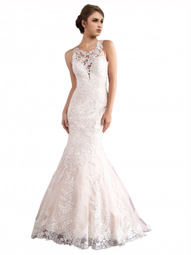 Online Avorio & Champagne Stile sirena Illusione Cattedrale di treno Tulle Pizzo Abiti da sposa