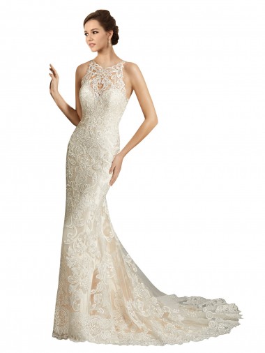 Online Avorio & Champagne Stile sirena Illusione Tulle Pizzo Classico Abiti da sposa