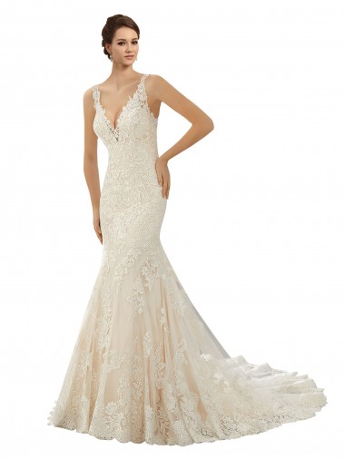 Online Avorio & Champagne Stile sirena Scollatura a V Pizzo Abiti da sposa