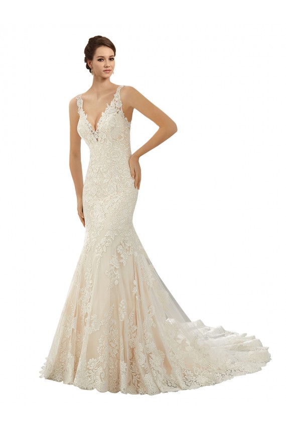 Online Avorio & Champagne Stile sirena Scollatura a V Pizzo Abiti da sposa
