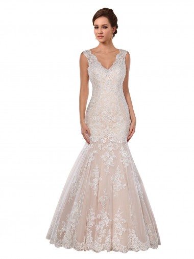 Online Avorio & Champagne Stile sirena Scollatura a V Pizzo Classico Abiti da sposa