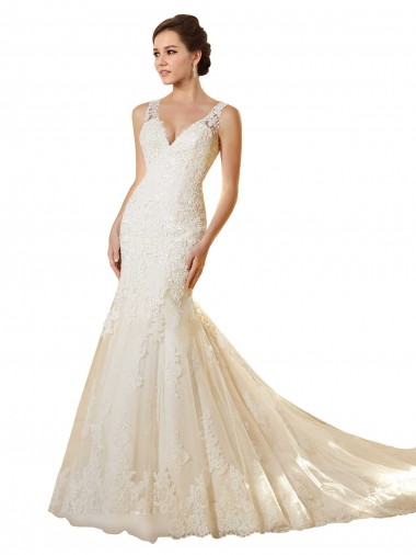 Online Avorio & Champagne Stile sirena Scollatura a V Tulle Pizzo Abiti da sposa