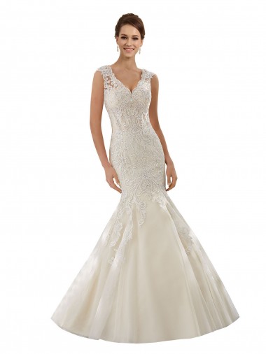 Online Avorio & Champagne Stile sirena Scollatura a V Tulle Pizzo Abiti da sposa