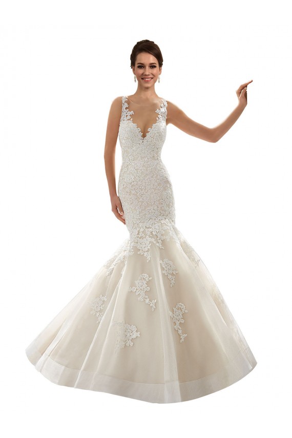 Online Avorio & Champagne Stile sirena Scollatura a V Tulle Pizzo Classico Abiti da sposa