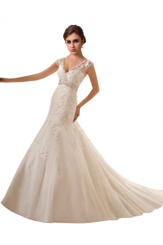 Online Avorio Linea A Scollatura a V Tulle Pizzo Abiti da sposa