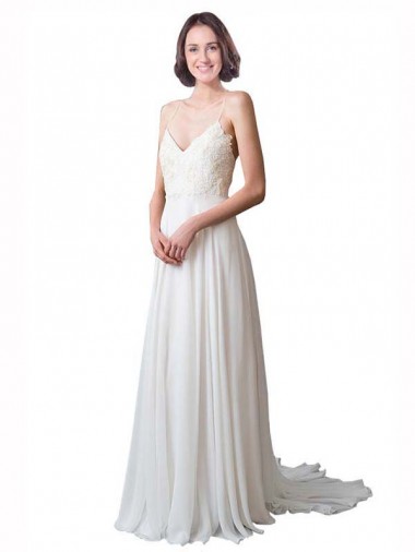 Online Avorio Linea A Sottili Scollatura a V Chiffona Pizzo Spiaggia Abiti da sposa