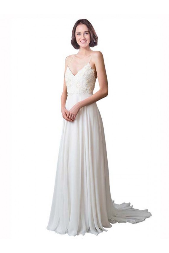 Online Avorio Linea A Sottili Scollatura a V Chiffona Pizzo Spiaggia Abiti da sposa