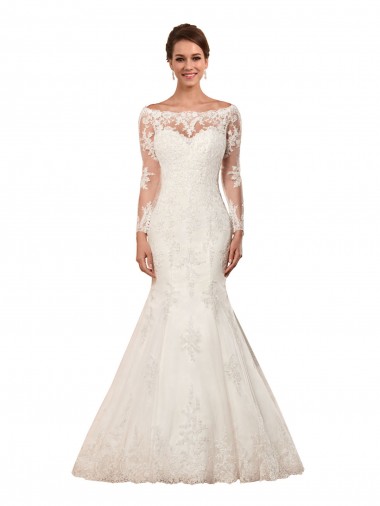 Online Avorio Stile sirena Barca Pizzo Abiti da sposa