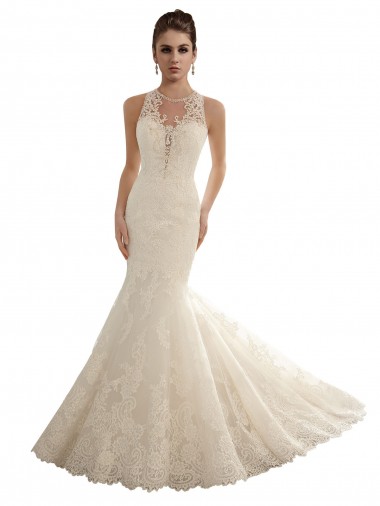 Online Avorio Stile sirena Illusione Pizzo Abiti da sposa