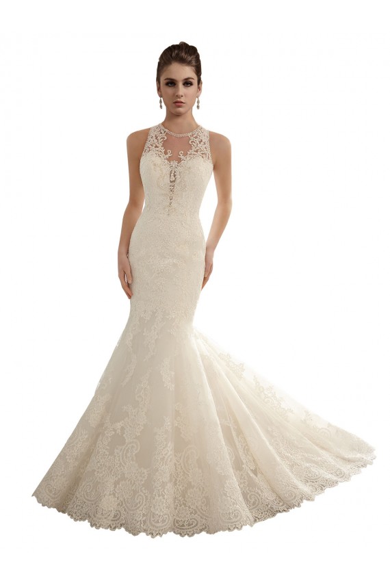 Online Avorio Stile sirena Illusione Pizzo Abiti da sposa