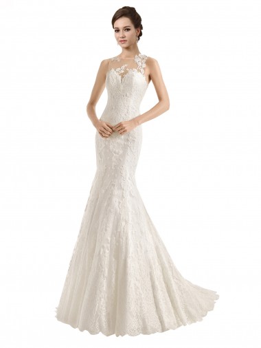 Online Avorio Stile sirena Illusione Pizzo Abiti da sposa