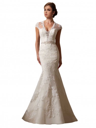 Online Avorio Stile sirena Illusione Scollatura a V Tulle Pizzo Abiti da sposa