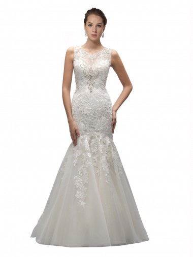 Online Avorio Stile sirena Illusione Sweep treno Tulle Pizzo Abiti da sposa