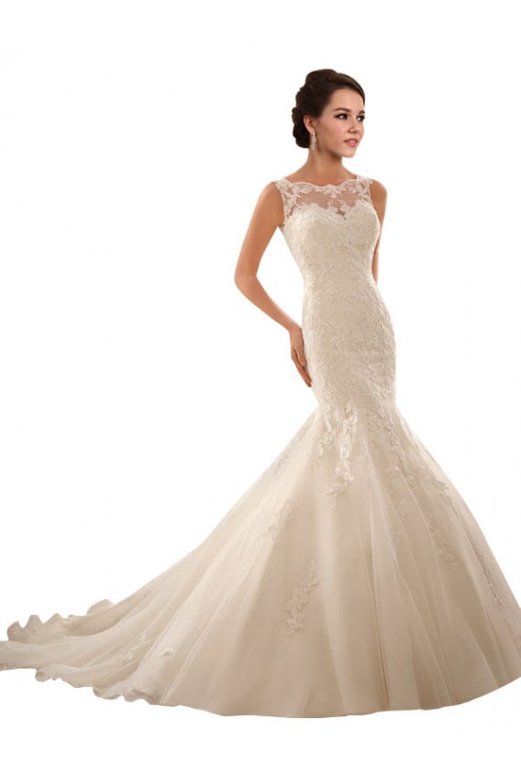 Online Avorio Stile sirena Illusione Tulle Pizzo Abiti da sposa