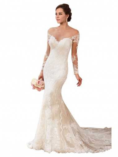 Online Avorio Stile sirena Innamorato Pizzo Abiti da sposa