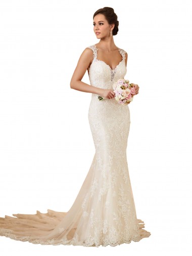 Online Avorio Stile sirena Innamorato Pizzo Abiti da sposa