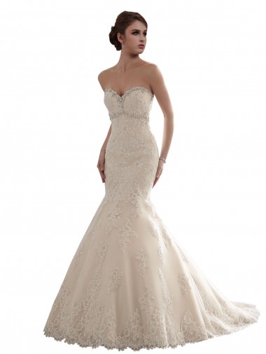 Online Avorio Stile sirena Innamorato Tulle Pizzo Classico Abiti da sposa