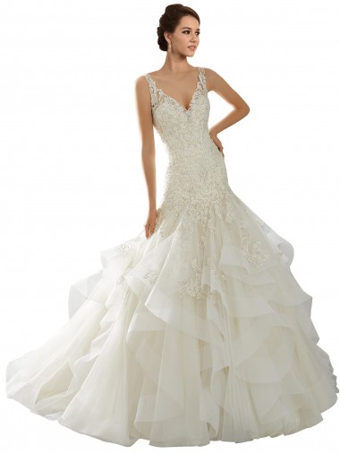 Online Avorio Stile sirena Scollatura a V Tulle Abiti da sposa