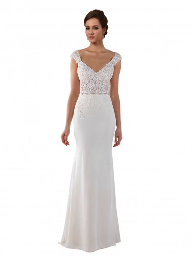 Online Avorio Tubino Scollatura a V Pizzo Crespo Elastico Abiti da sposa