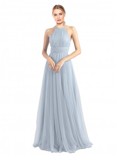 Online Azzurro cielo Linea A Capestro Tulle Lunga Abiti da damigella donore