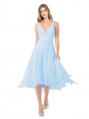 Online Azzurro cielo Linea A Scollatura a V Midi Chiffona Corto Abiti da damigella donore / Abiti da cocktail