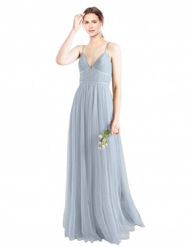 Online Azzurro cielo Linea A Sottili Scollatura a V Tulle Lunga Abiti da damigella donore