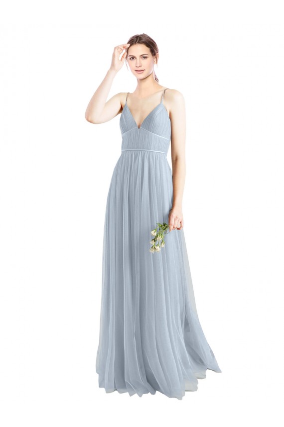 Online Azzurro cielo Linea A Sottili Scollatura a V Tulle Lunga Abiti da damigella donore